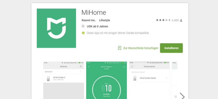 Mi-Home Anwendung im Play Store